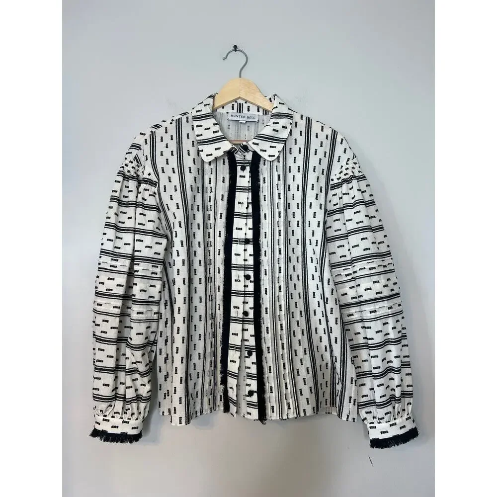 NEW Hunter Bell Ezra Long Sleeves Collared Dot Fringe Button Top in White/Black - Picture 2 of 7